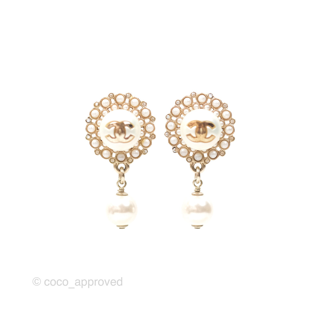 Chanel CC Crystal Pearl Drop Earrings Gold Tone 19B