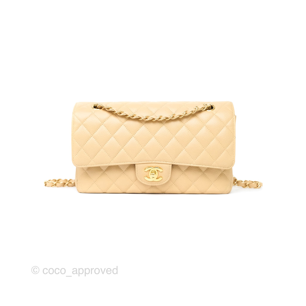 Chanel M/L Medium Classic Flap Quilted Beige Caviar Gold Hardware