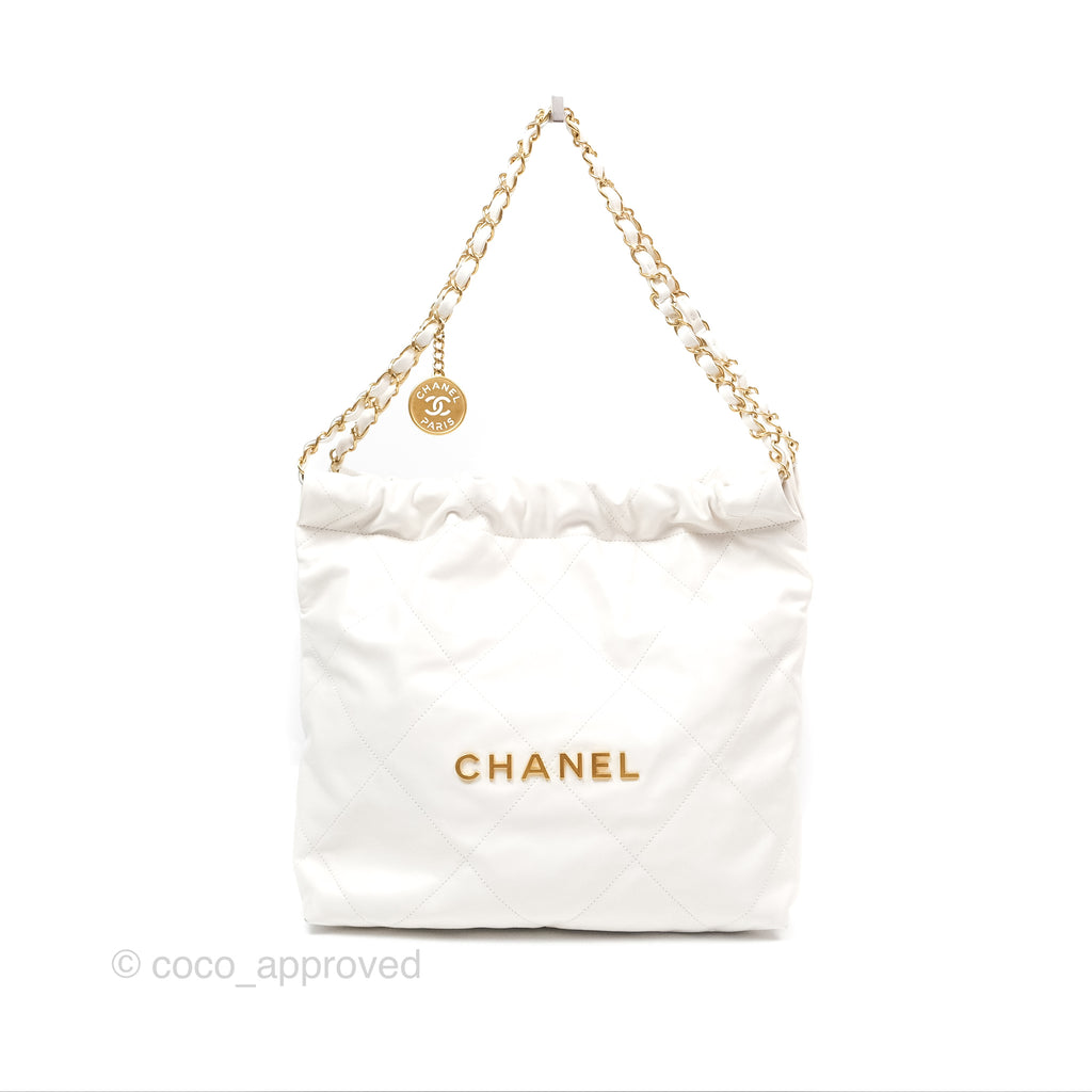 Chanel 22 Small White Shiny Calfskin Aged Gold Hardware