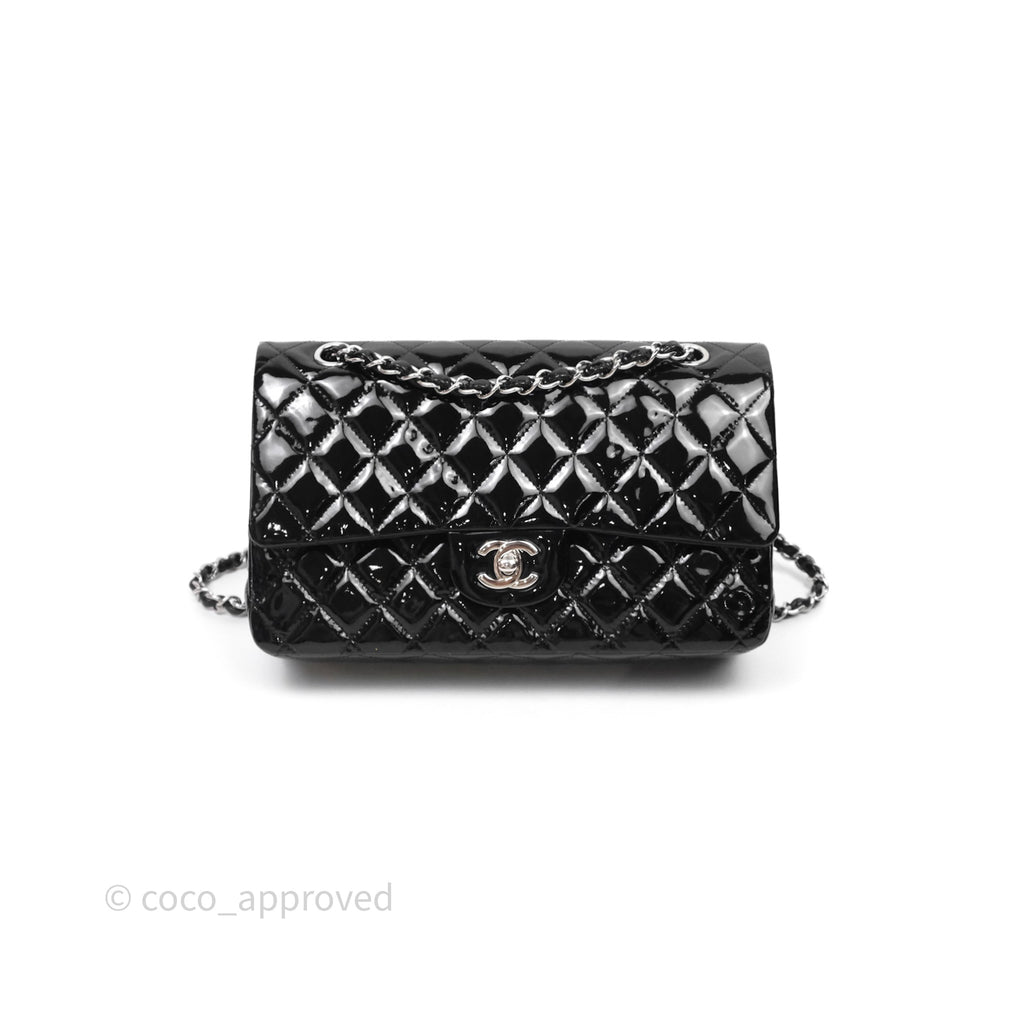 Chanel Medium Classic Flap Quilted Black Patent Silver Hardware