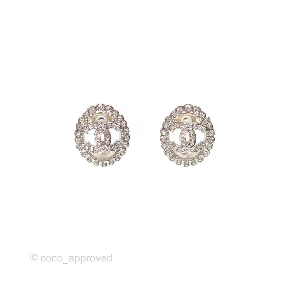 Chanel Crystal CC Earrings Silver Tone 22B