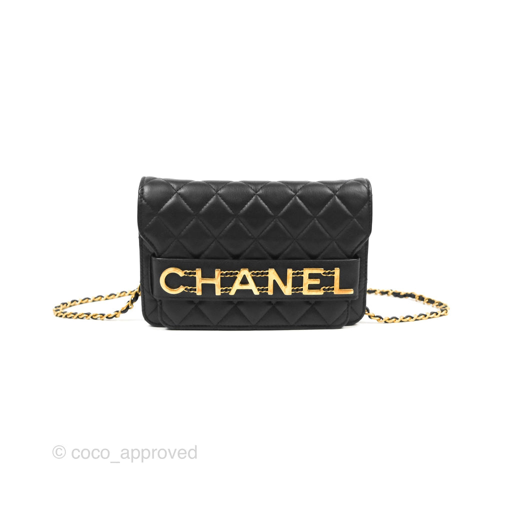 Chanel Logo Enchained Wallet On Chain WOC Black Calfskin Gold Hardware