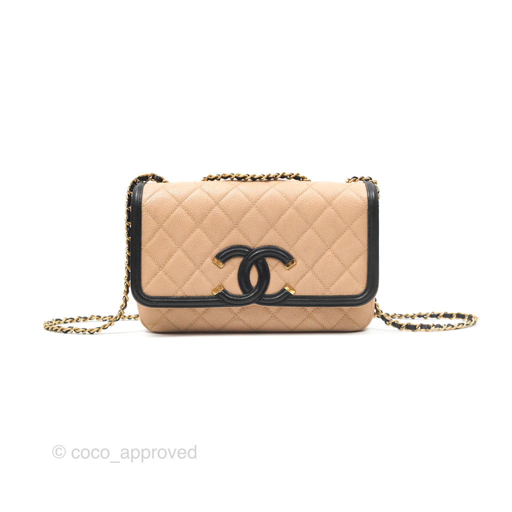 Chanel Small CC Filigree Flap Quilted Beige Black Caviar