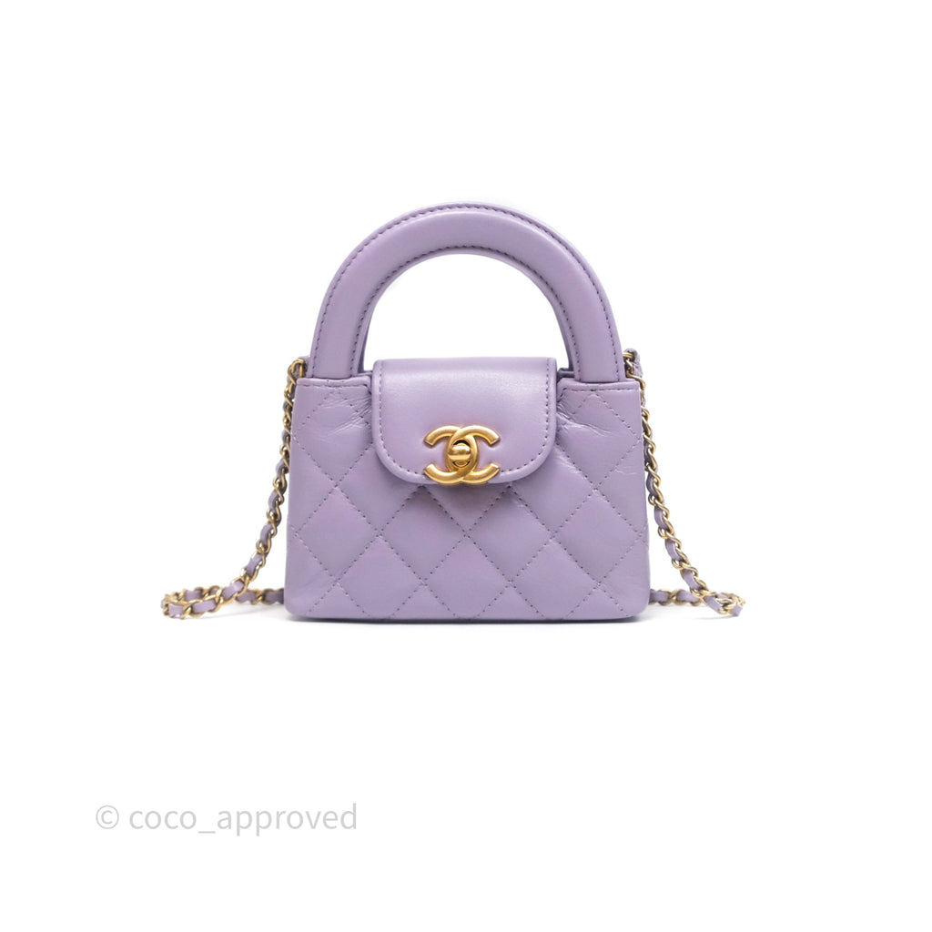 Chanel Mini Nano Kelly Bag Purple Shiny Calfskin Aged Gold Hardware