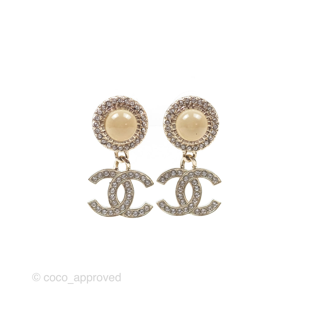 Chanel Round Resin Crystal CC Drop Earrings Gold Tone 21B