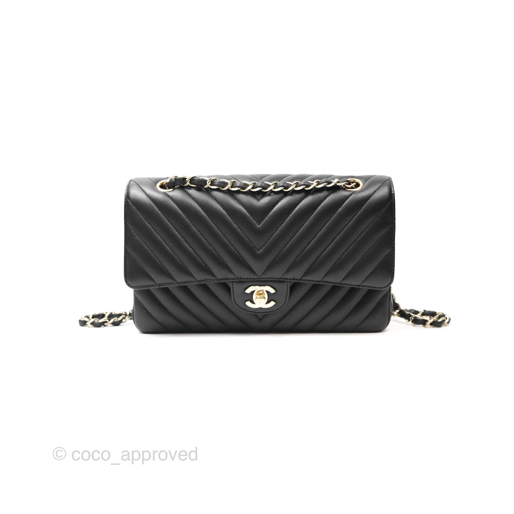 Chanel Classic M/L Medium Chevron Double Flap Black Lambskin Gold Hardware