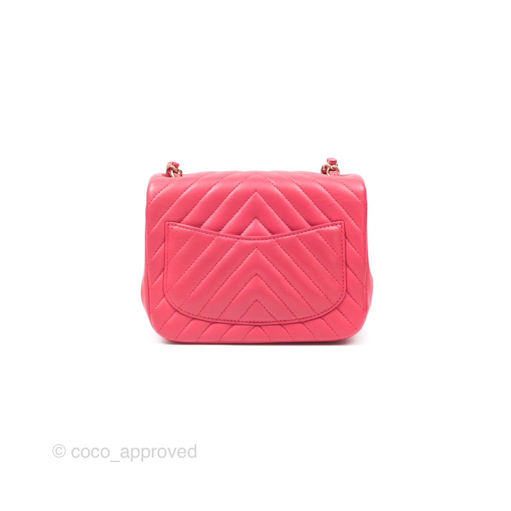 Chanel Mini Square Flap Chevron Dark Pink Lambskin Gold Hardware