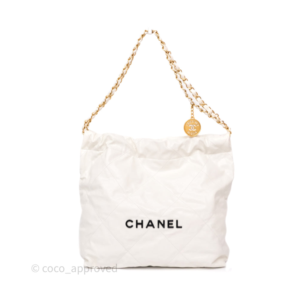 Chanel 22 Small White Aged Calfskin Black Logo Aged Gold Hardware