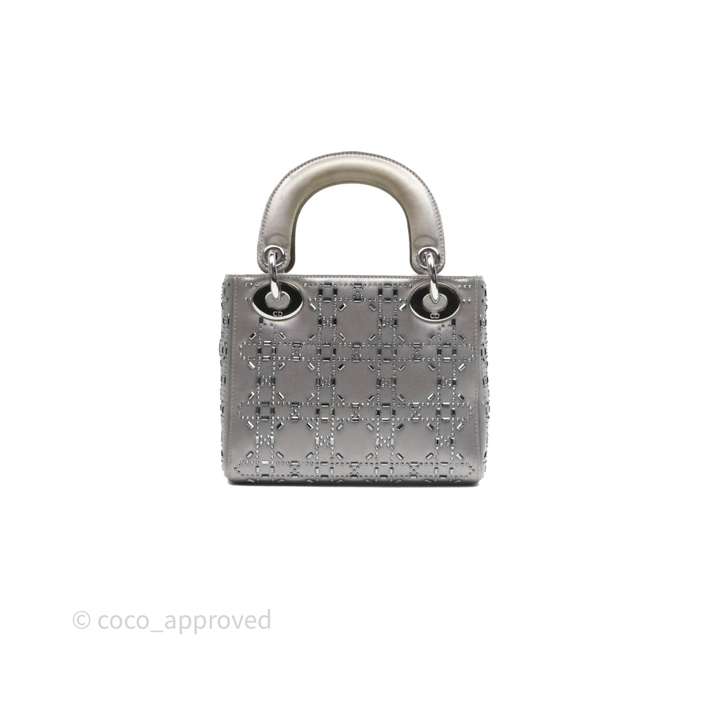 Christian Dior Mini Lady Dior Bag Grey Strass Cannage Satin Silver Hardware