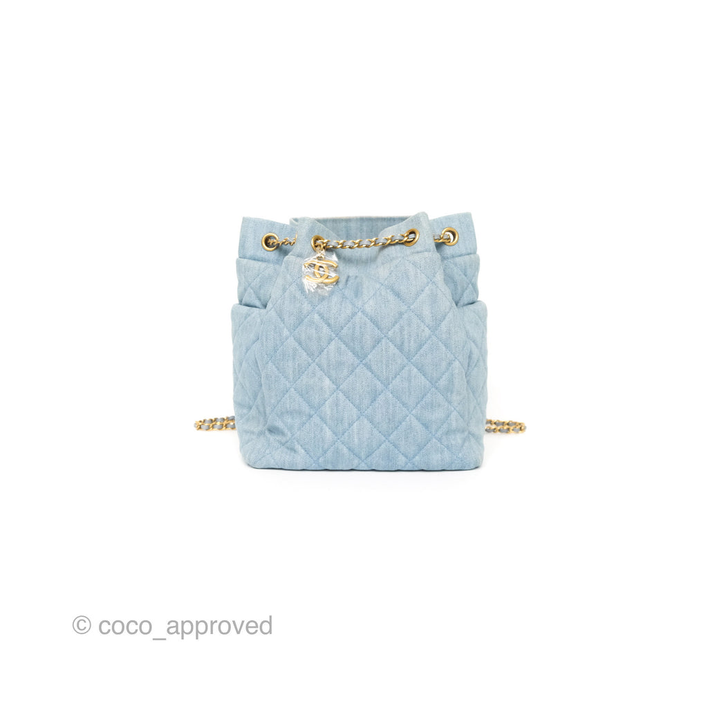 Chanel Drawstring Bucket Bag Denim Blue Aged Gold Hardware