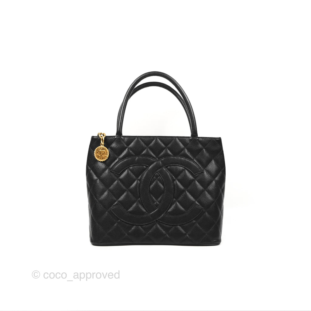 Chanel Vintage Medallion CC Black Caviar Tote Bag Gold Hardware