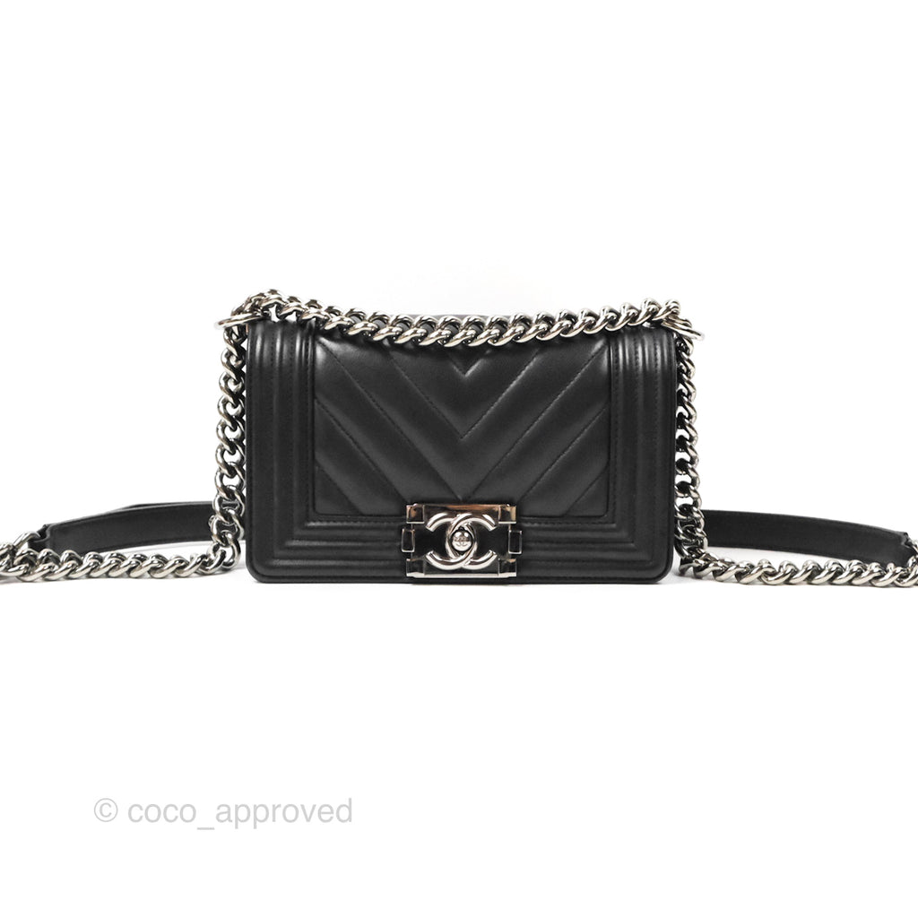 Chanel Small Chevron Boy Black Calfskin Silver Hardware