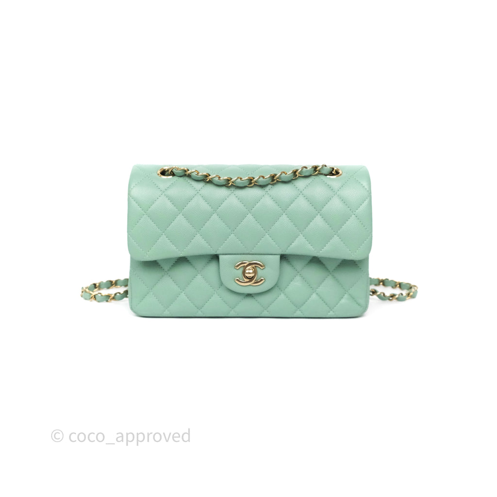 Chanel Small Classic Quilted Flap Mint Green Caviar Gold Hardware