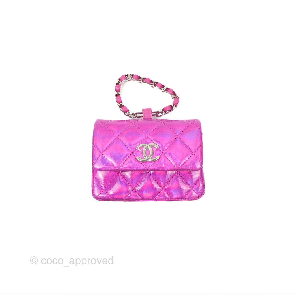 Chanel Card Holder Pouch with Hook Fuchsia Iridescent Mirror Goatskin