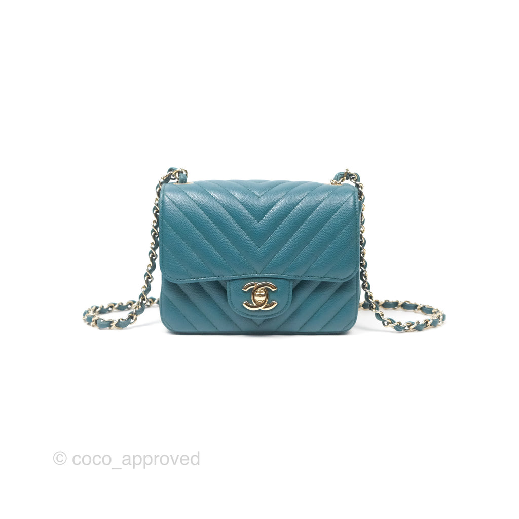 Chanel Mini Square Flap Chevron Teal Caviar Gold Hardware