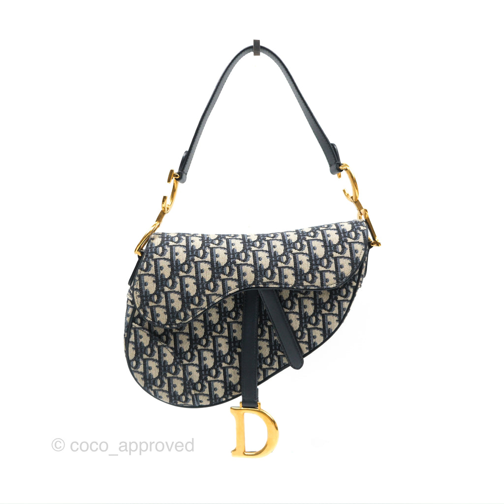 Christian Dior Saddle Bag Navy Dior Oblique Embroidery Gold Hardware