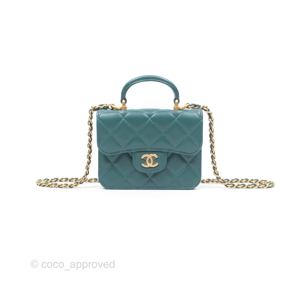 Chanel Mini Handle Clutch With Chain Green Lambskin Aged Gold Hardware