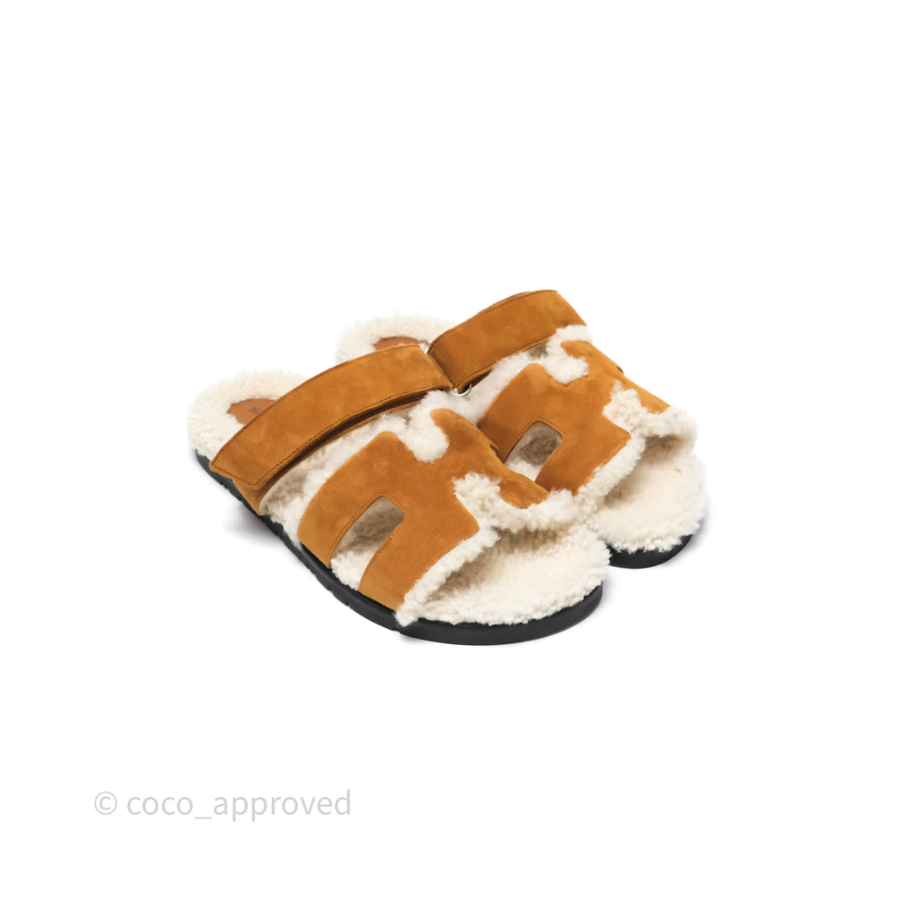 Hermès Chypre Sandal Shearling Beige Kraft / Ecru Goatskin Size 39.5