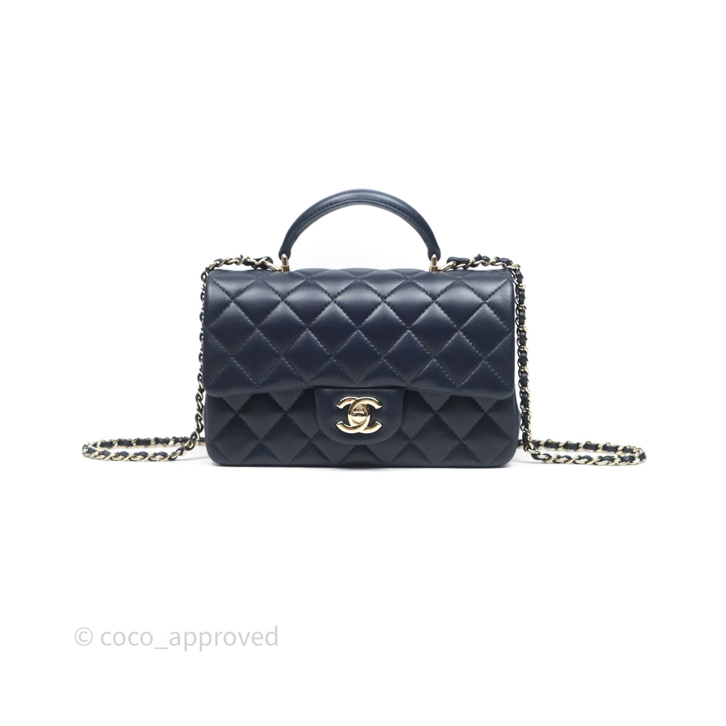 Chanel Top Handle Mini Rectangular Flap Bag Navy Lambskin Gold Hardware
