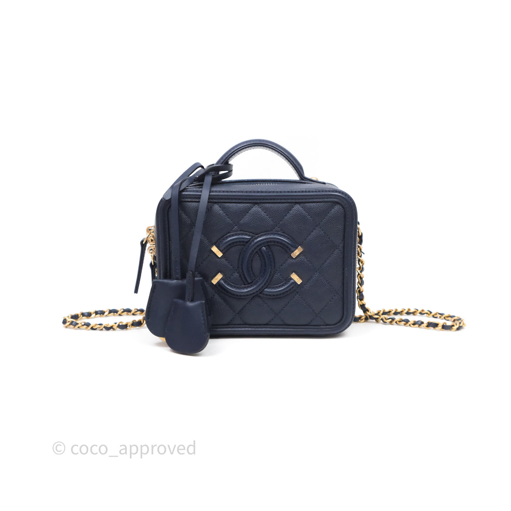 Chanel Quilted Small CC Filigree Vanity Case Navy Caviar Gold Hardware