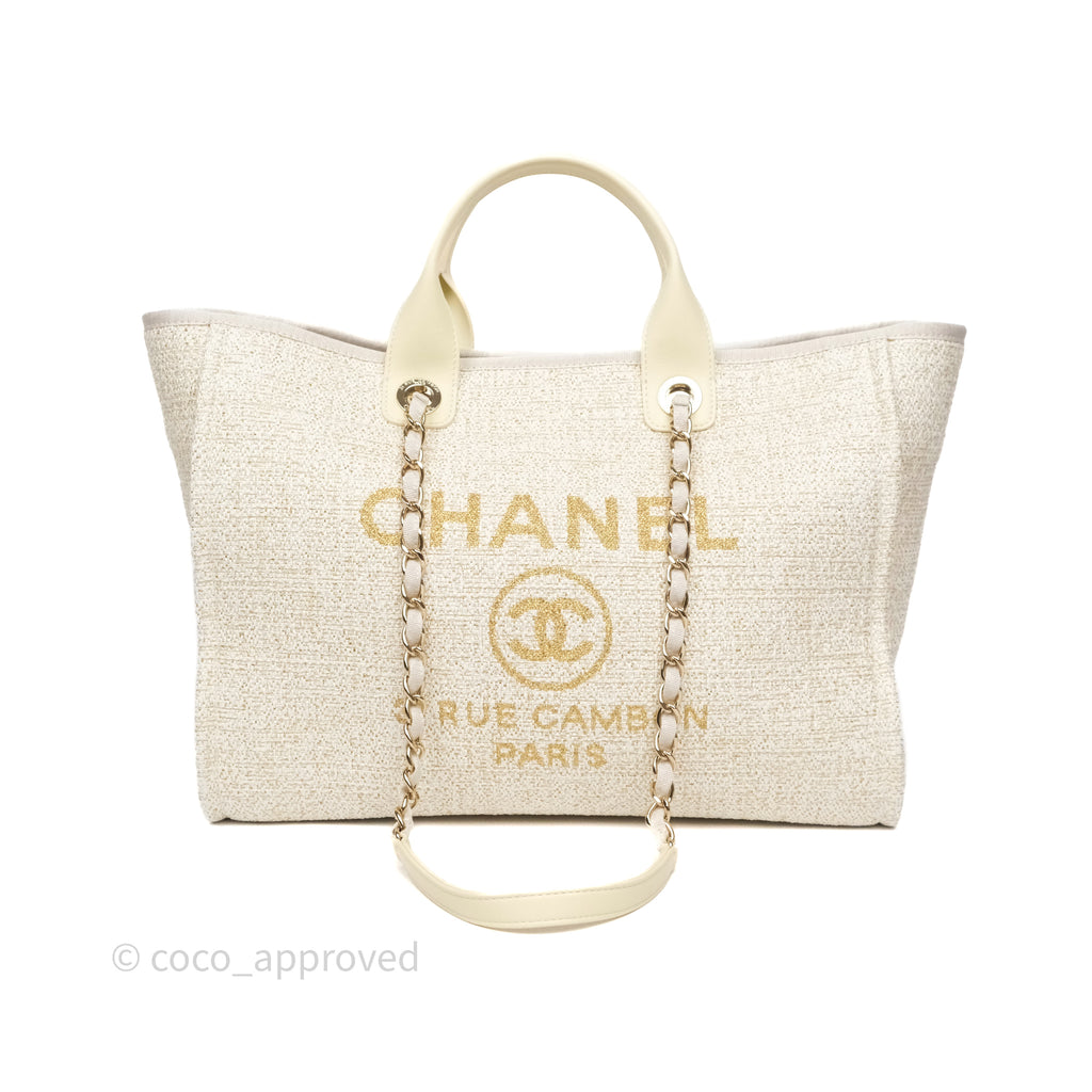 Chanel Large Deauville Ivory/Gold Canvas Gold Hardware