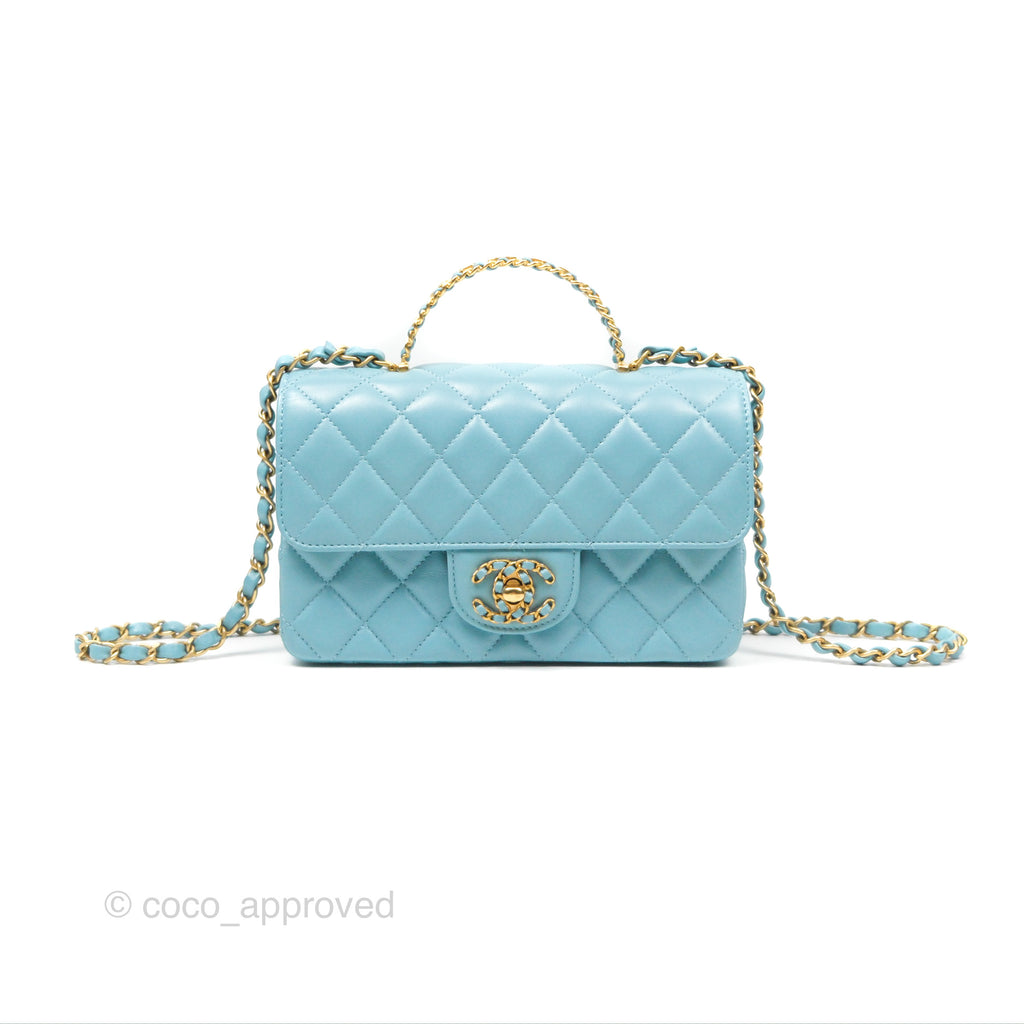 Chanel Flap Bag with Crystal Logo Top Handle Tiffany Blue Lambskin Aged Gold Hardware