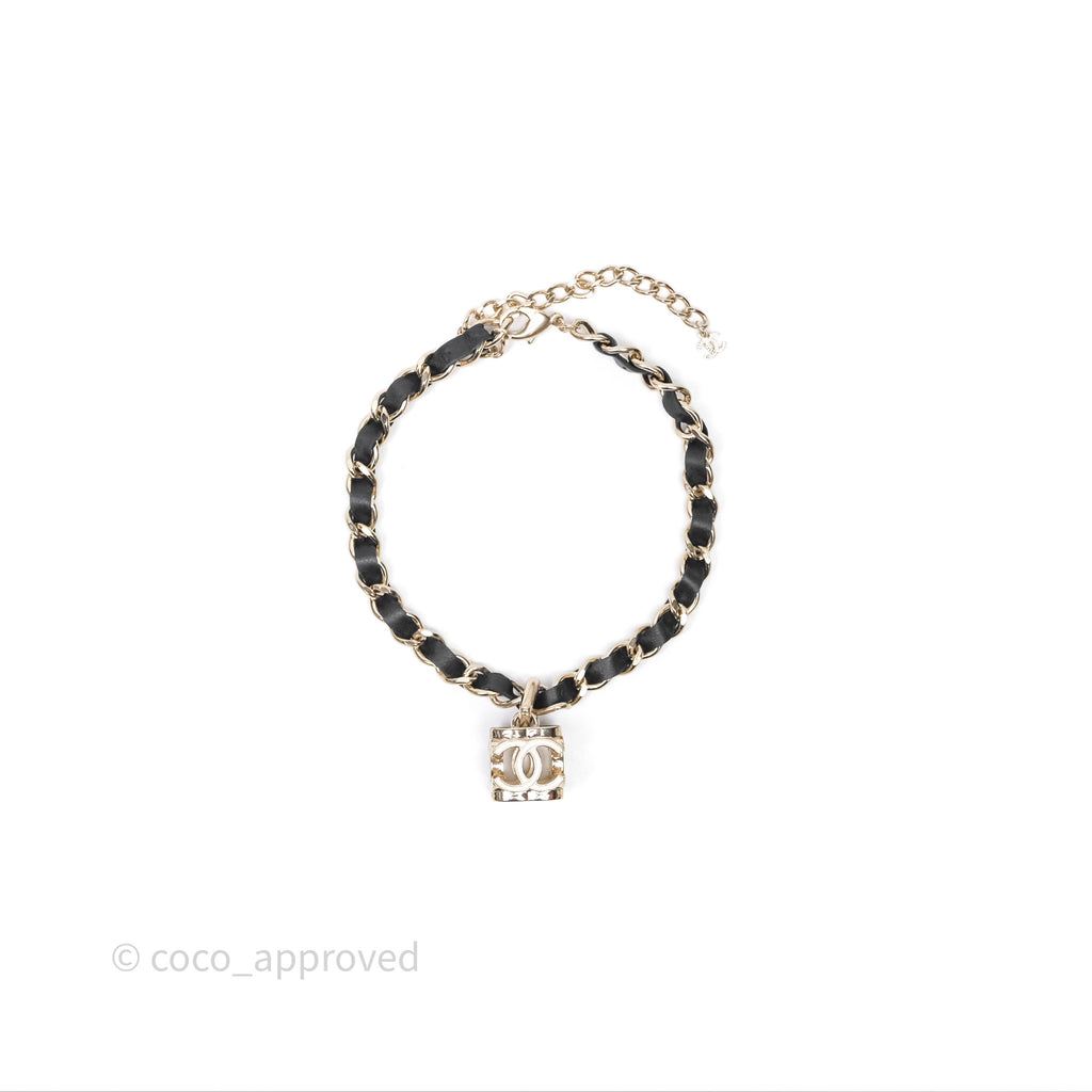 Chanel CC Black Leather Drop Necklace Gold Tone 22K