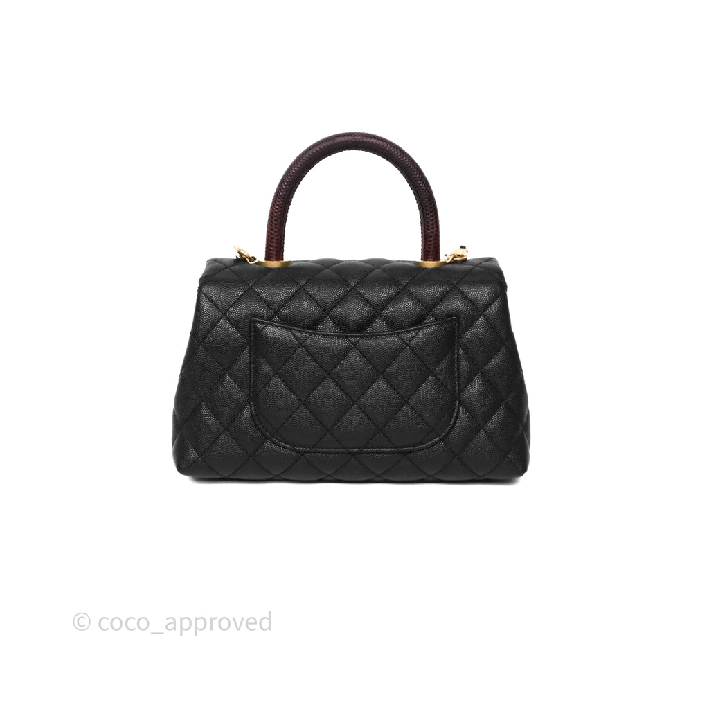 Chanel Small Coco Handle Black Caviar Gold Hardware Lizard Embossed Handle