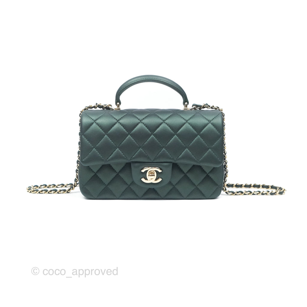 Chanel Top Handle Mini Rectangular Flap Bag Iridescent Dark Green Lambskin Gold Hardware