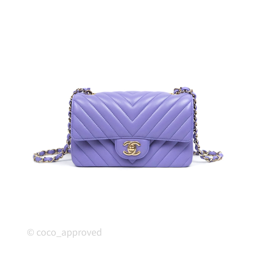 Chanel Quilted Mini Rectangular Chevron Purple Lambskin Gold Hardware