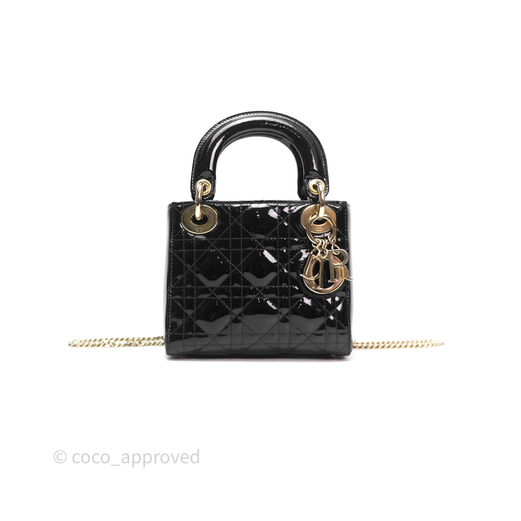 Christian Dior Mini Lady Dior Black Patent Gold Hardware