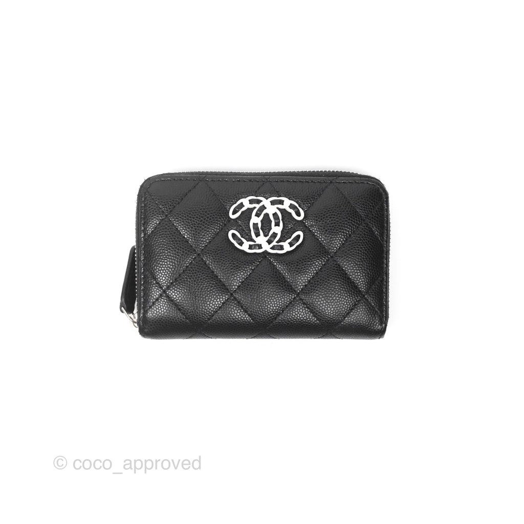 Chanel Zipped Coin Purse Black Caviar White CC Silver Hardware