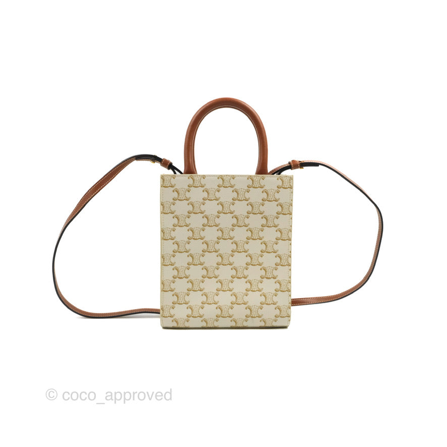 Celine Vertical Cabas Triomphe Mini White in Coated Canvas/Calfskin with  Gold-tone - US