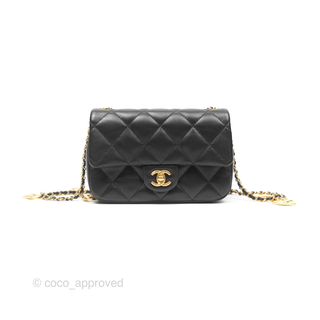 Chanel Mini Flap Bag With Heart CC Charm Black Lambskin Aged Gold Hardware