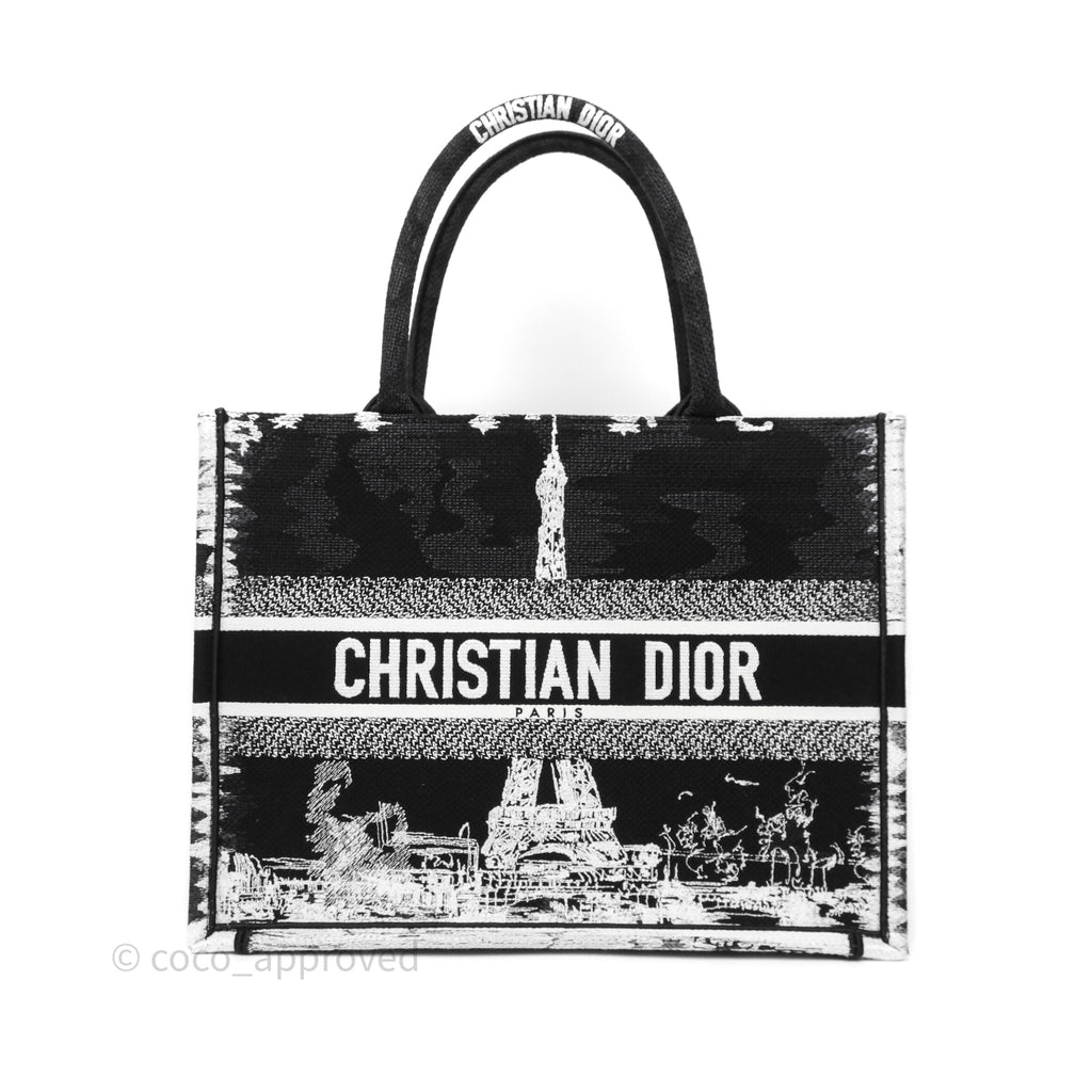 Dior Medium Book Tote Paris Embroidered Black White