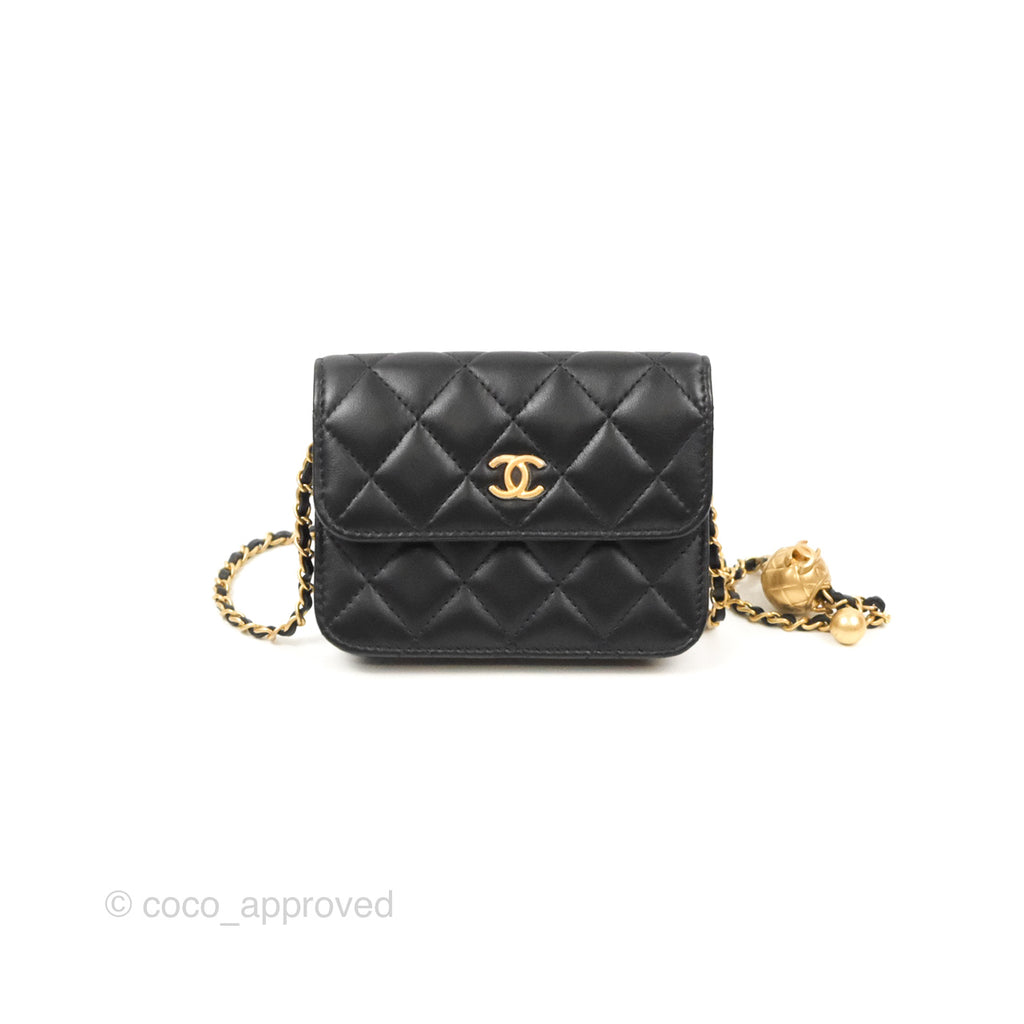 Chanel Pearl Crush Mini Clutch With Chain Black Lambskin Aged Gold Hardware