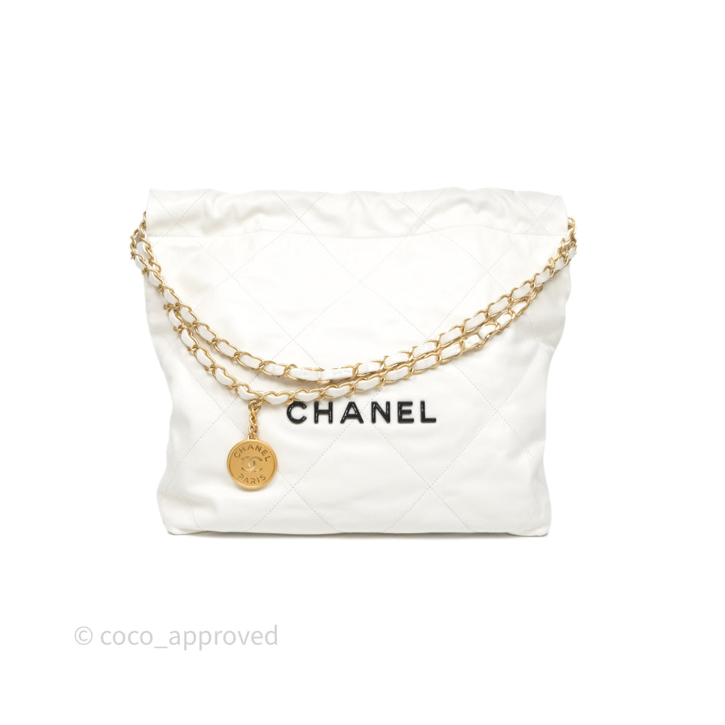 Chanel 22 Small White Aged Calfskin Black Logo Aged Gold Hardware