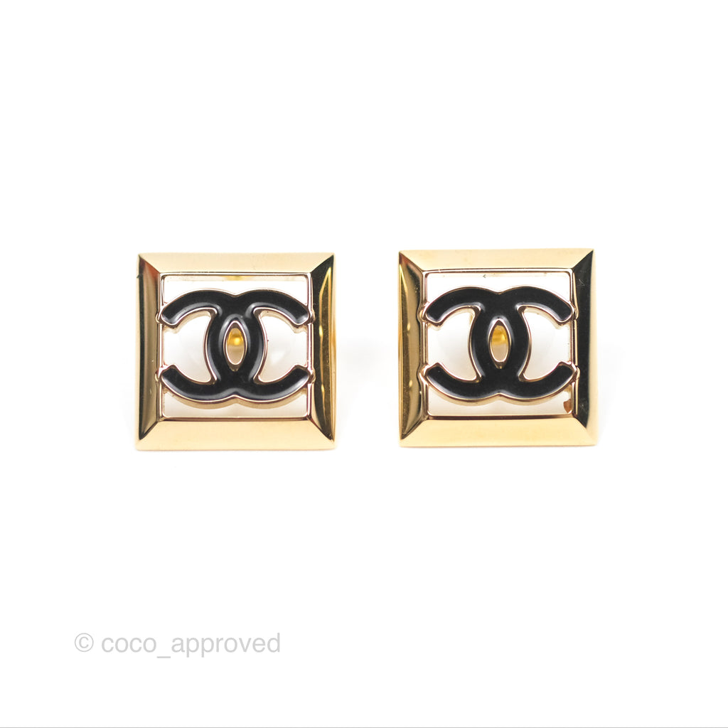 Chanel CC Square Black Earrings Gold Tone 24A