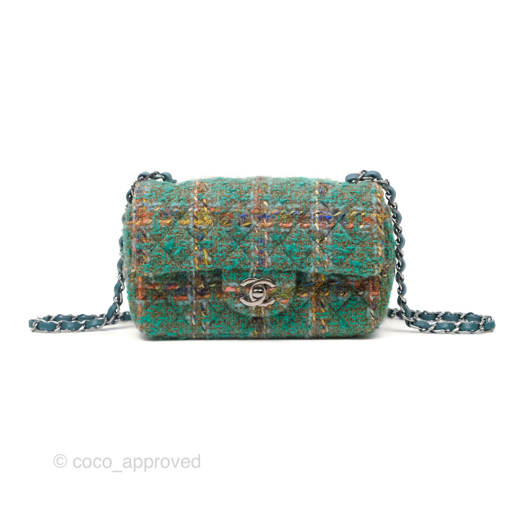 Chanel Mini Rectangular Flap Quilted Green Tweed Gun Metal 23A