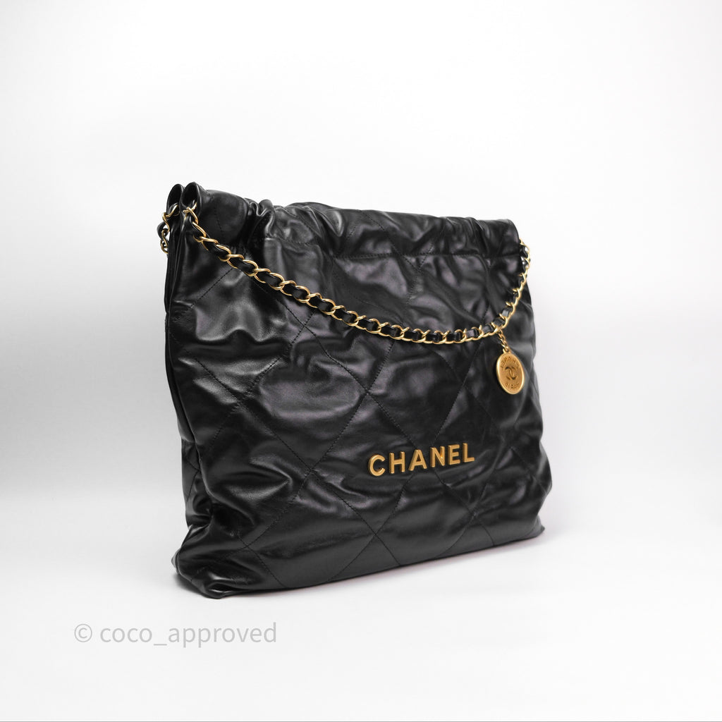 Chanel 22 Bag Medium Black Crumpled Calfskin Aged Gold Hardware