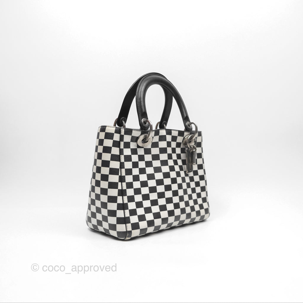 Christian Dior Medium Lady Dior Checkered Black/ White Calfskin