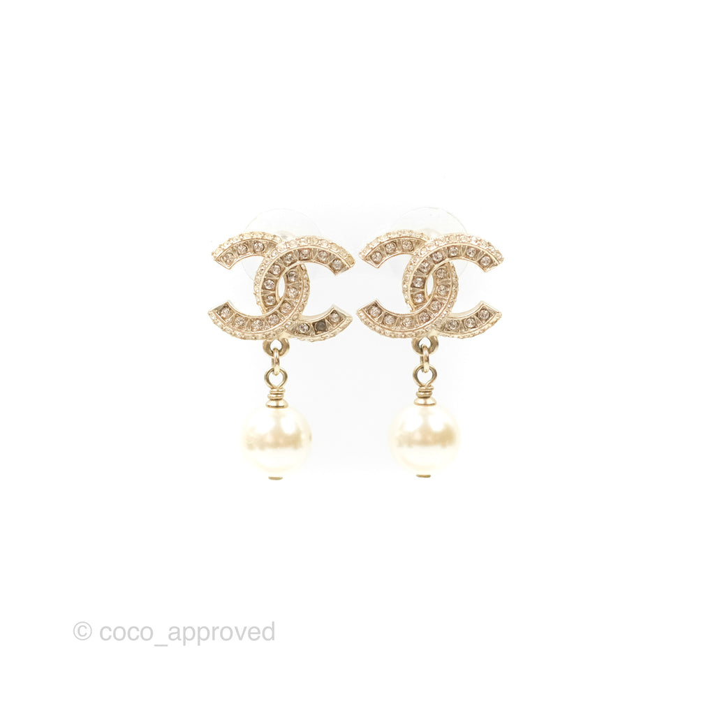 Chanel Crystal CC Pearl Drop Earrings Gold Tone 19V