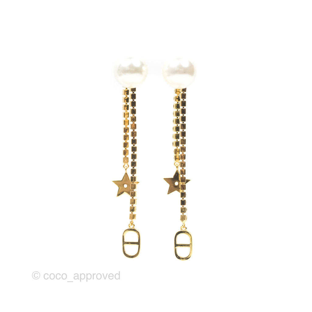 Christian Dior Pearl Crystal Star Tribales Earrings Gold Tone 