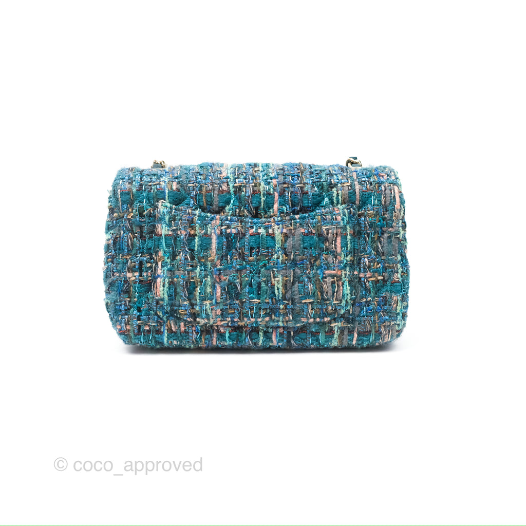 Chanel Mini Rectangular Flap Teal Tweed Gold Hardware