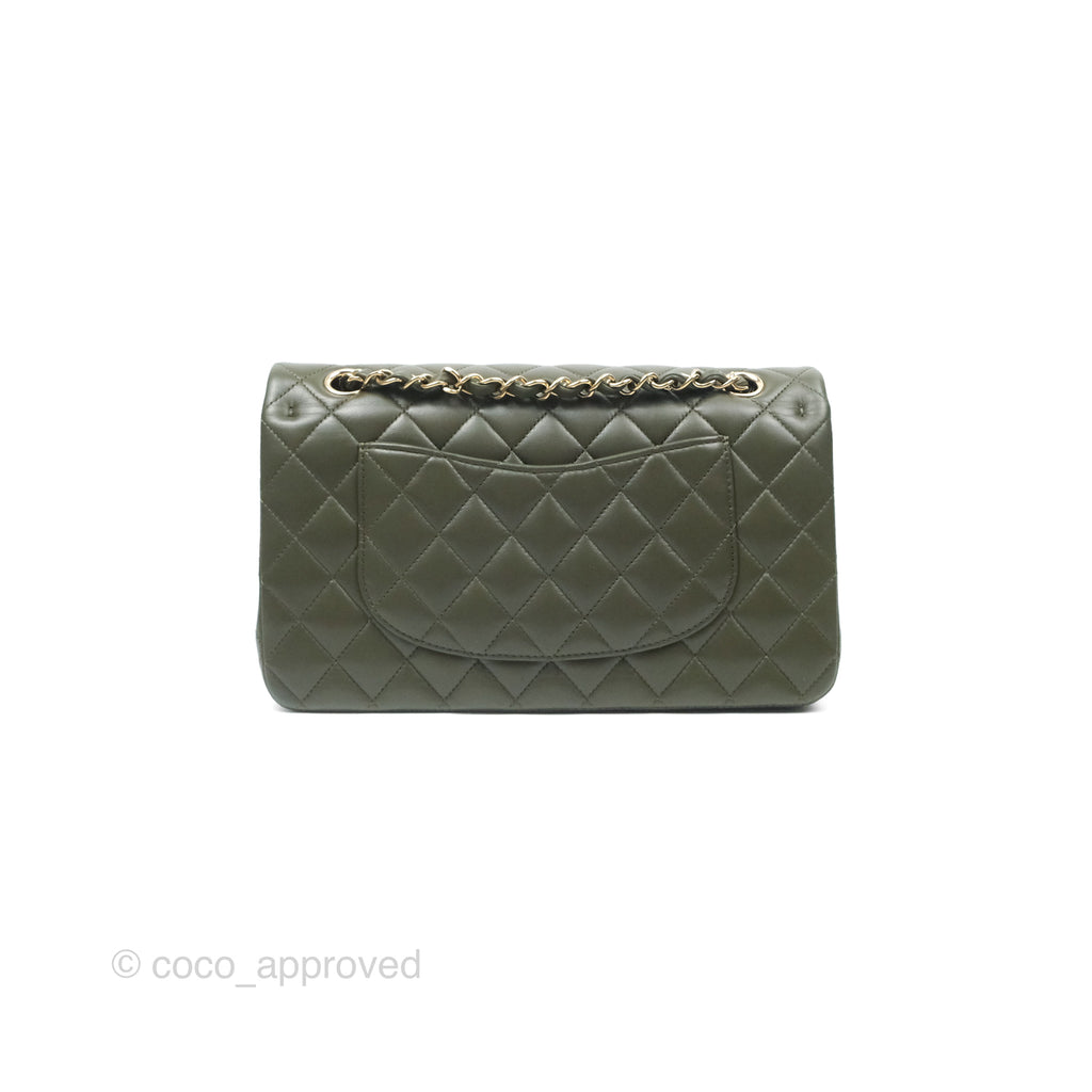 Chanel Classic M/L Medium Flap Quilted Lambskin Army Green Gold Hardware