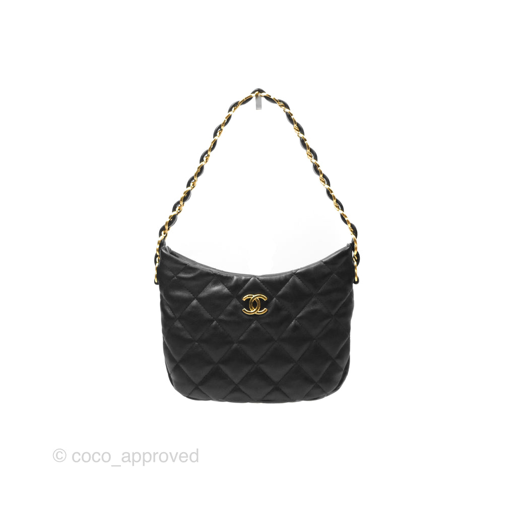 Chanel Small Hobo Bag CC Chain Black Calfskin Aged Gold Hardware 22K