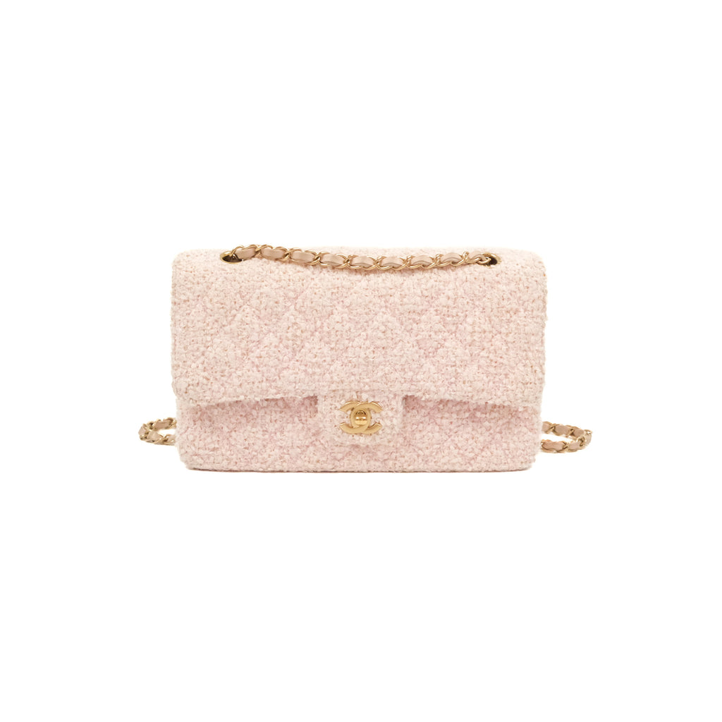 Chanel Classic M/L Medium Quilted Double Flap Pink Tweed Matte Gold Hardware