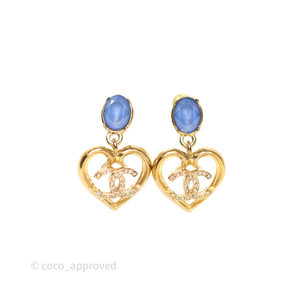 Chanel Oval Blue Resin Heart CC Drop Earrings Gold Tone 23C
