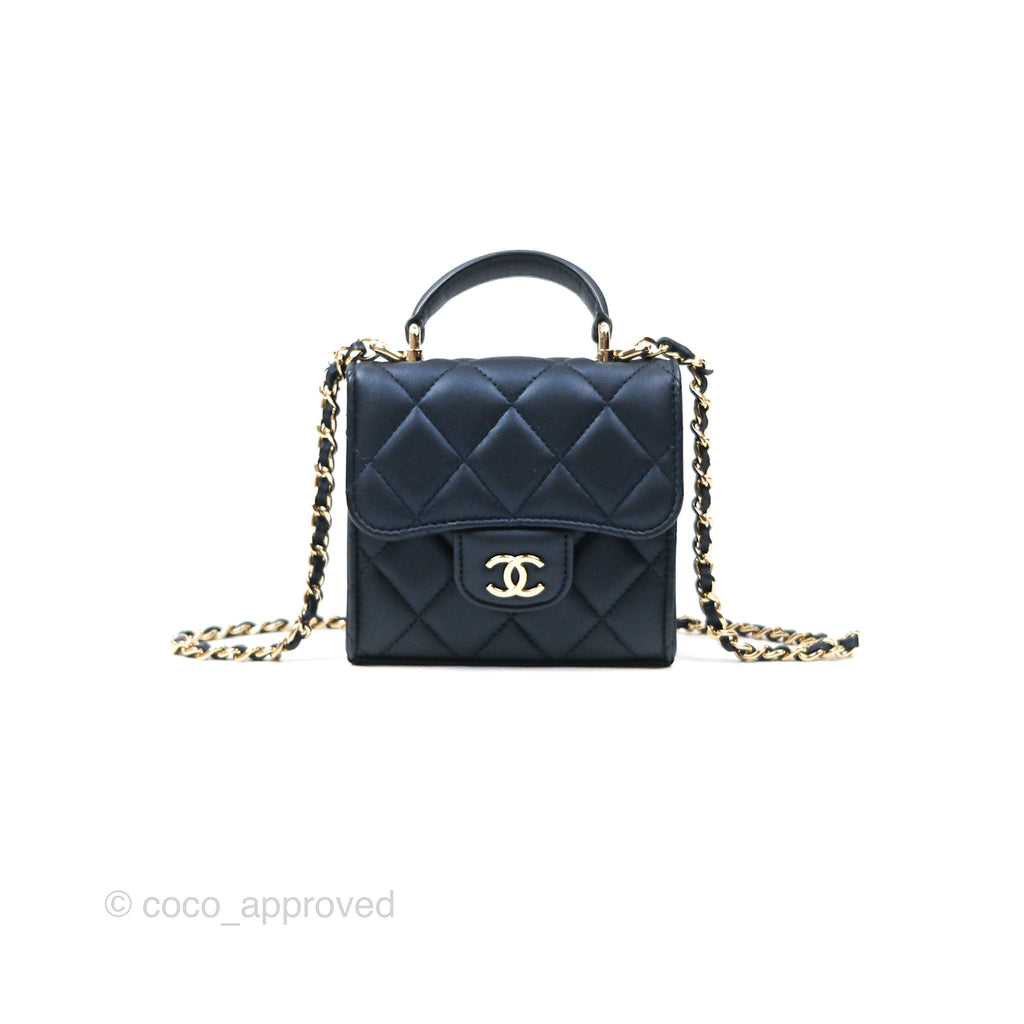 Chanel Mini Handle Clutch With Chain Navy Lambskin Gold Hardware