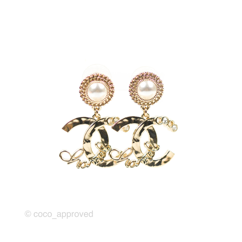 Chanel CC Coco Pearl Drop Earrings Gold Tone 22P